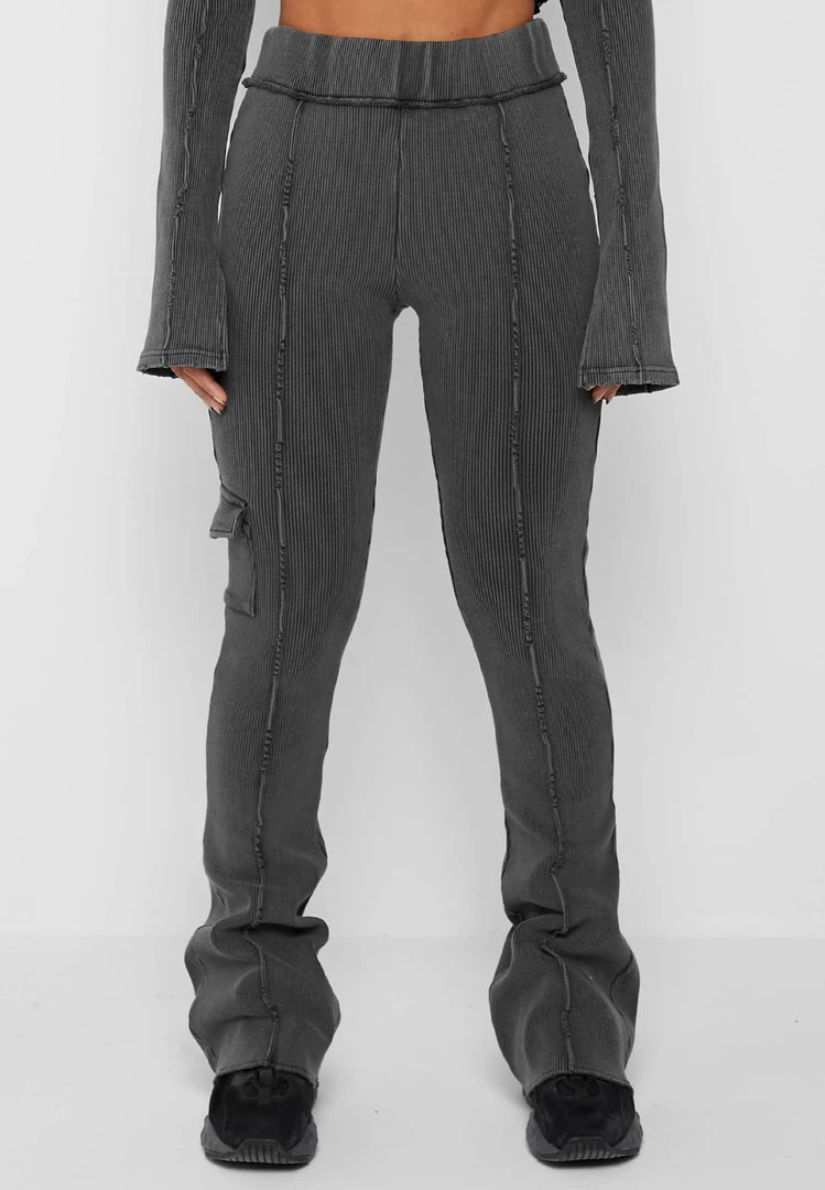 Woman Tracksuits Ribbed Flared Leggings - Washed Grey