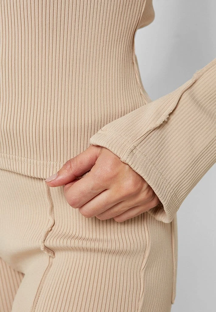 Woman Tracksuits Ribbed Long Sleeve Top - Beige