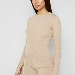 Woman Tracksuits Ribbed Long Sleeve Top - Beige