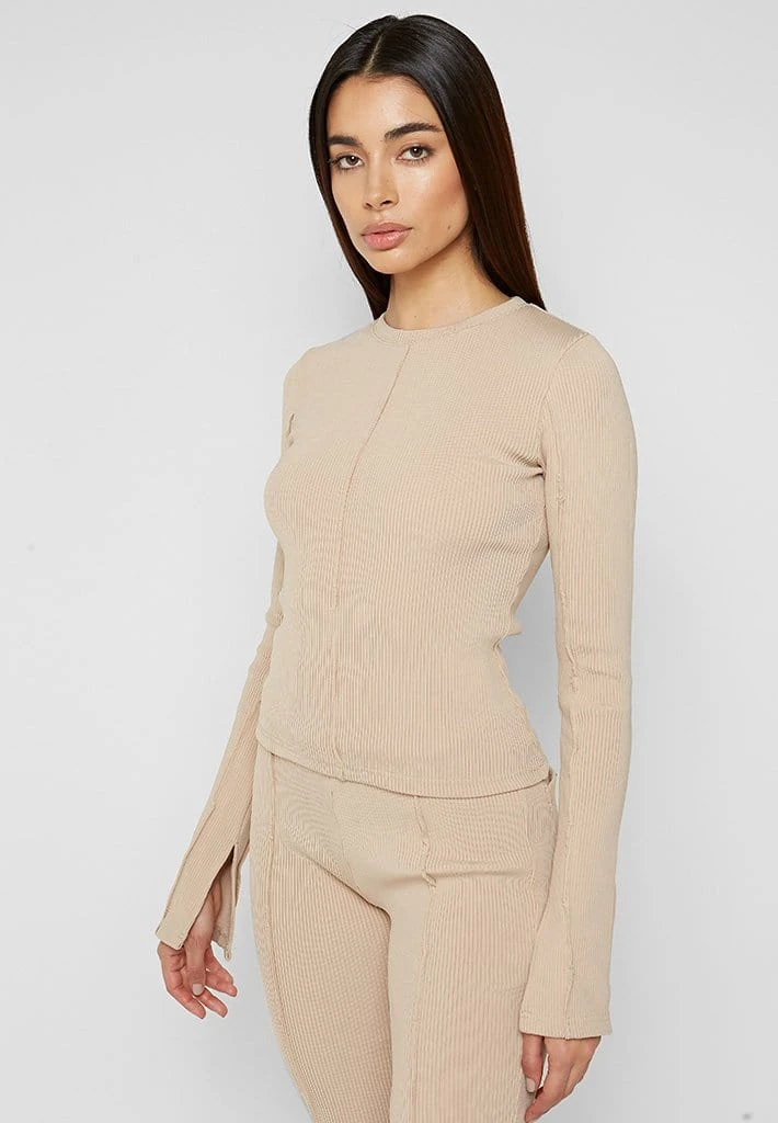 Woman Tracksuits Ribbed Long Sleeve Top - Beige