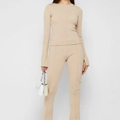 Woman Tracksuits Ribbed Long Sleeve Top - Beige