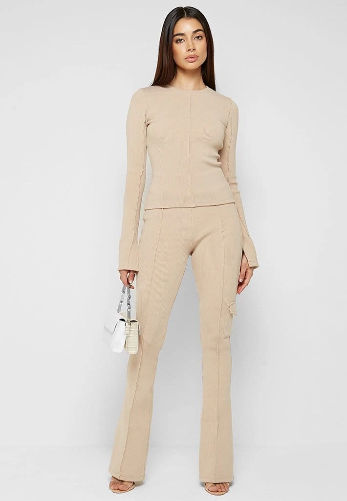 Woman Tracksuits Ribbed Long Sleeve Top - Beige