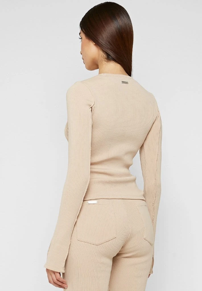 Woman Tracksuits Ribbed Long Sleeve Top - Beige