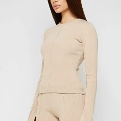 Woman Tracksuits Ribbed Long Sleeve Top - Beige