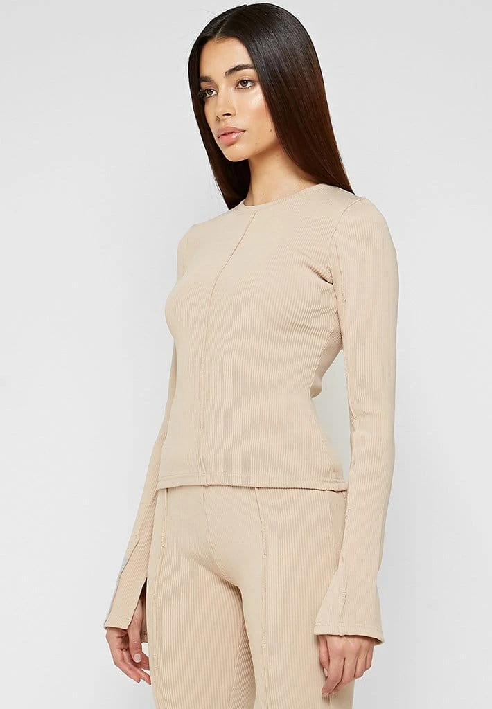 Woman Tracksuits Ribbed Long Sleeve Top - Beige