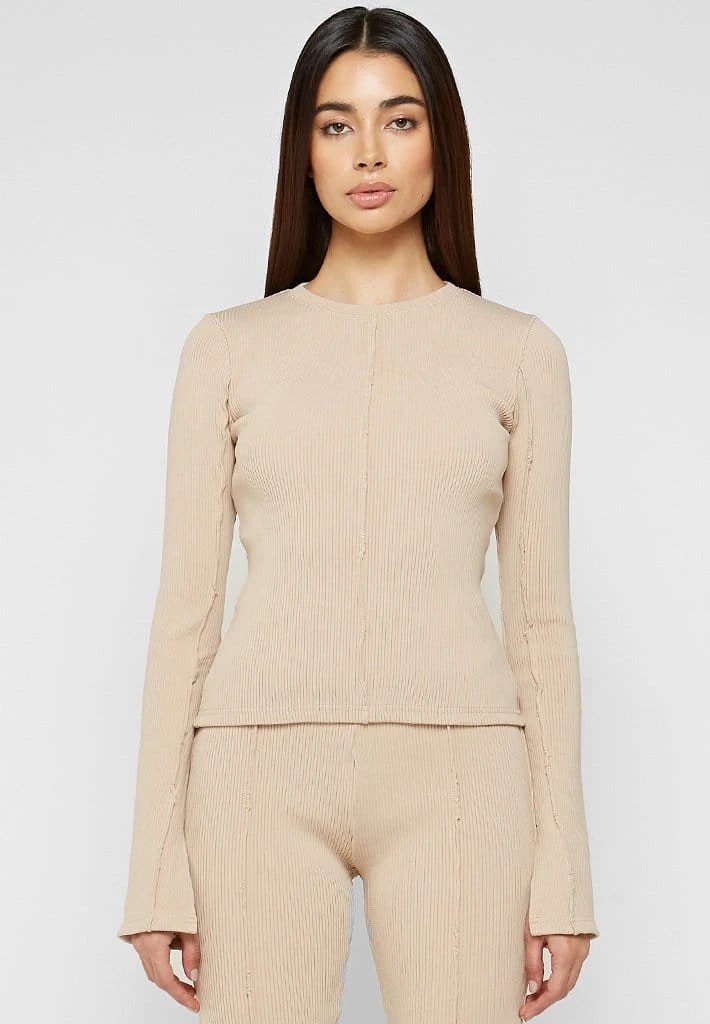 Woman Tracksuits Ribbed Long Sleeve Top - Beige