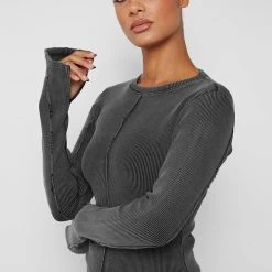 Woman Tracksuits TOPS & T SHIRTS Ribbed Long Sleeve Top - Washed Grey
