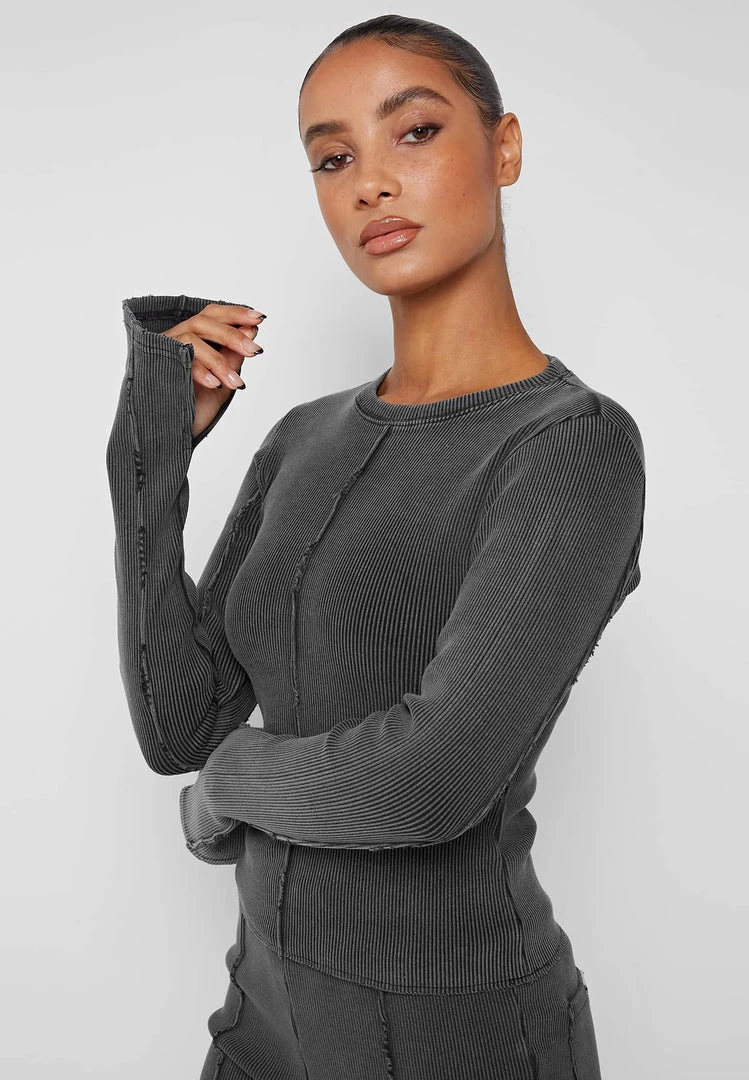 Woman Tracksuits TOPS & T SHIRTS Ribbed Long Sleeve Top - Washed Grey