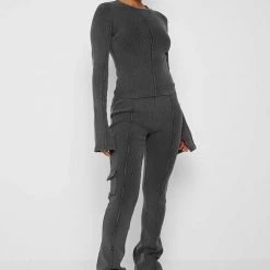 Woman Tracksuits TOPS & T SHIRTS Ribbed Long Sleeve Top - Washed Grey