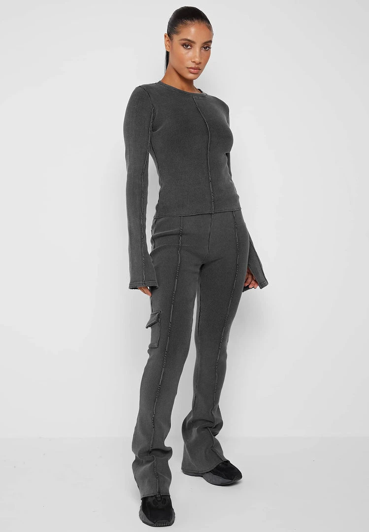 Woman Tracksuits TOPS & T SHIRTS Ribbed Long Sleeve Top - Washed Grey