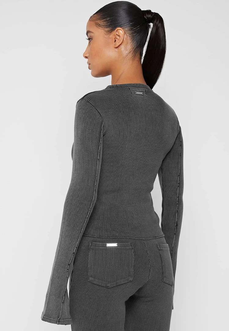 Woman Tracksuits TOPS & T SHIRTS Ribbed Long Sleeve Top - Washed Grey