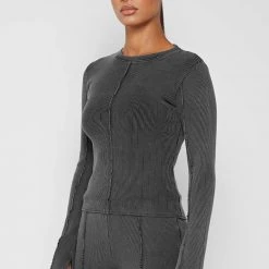 Woman Tracksuits TOPS & T SHIRTS Ribbed Long Sleeve Top - Washed Grey