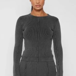 Woman Tracksuits TOPS & T SHIRTS Ribbed Long Sleeve Top - Washed Grey