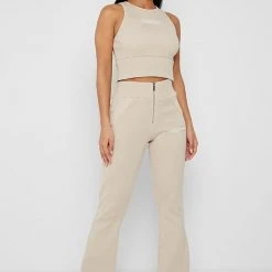 Woman Tops Ribbed Racer Top - Beige TOPS & T SHIRTS
