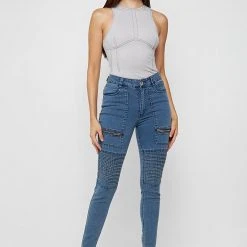 Woman Denim Ribbed Skinny Jeans - Blue