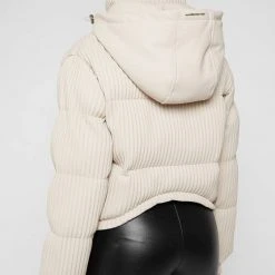 Woman Coats Ribbed Vegan Leather Puffer Jacket - Beige