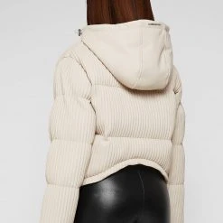 Woman Coats Ribbed Vegan Leather Puffer Jacket - Beige