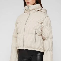 Woman Coats Ribbed Vegan Leather Puffer Jacket - Beige