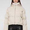 Woman Coats Ribbed Vegan Leather Puffer Jacket - Beige
