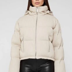 Woman Coats Ribbed Vegan Leather Puffer Jacket - Beige