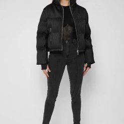 Woman Coats Ribbed Vegan Leather Puffer Jacket - Black