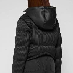 Woman Coats Ribbed Vegan Leather Puffer Jacket - Black