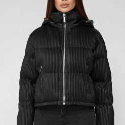 Woman Coats Ribbed Vegan Leather Puffer Jacket - Black