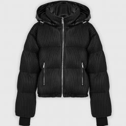 Woman Coats Ribbed Vegan Leather Puffer Jacket - Black