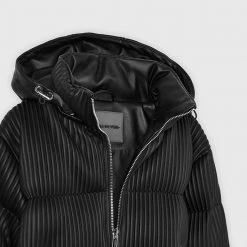 Woman Coats Ribbed Vegan Leather Puffer Jacket - Black