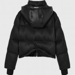 Woman Coats Ribbed Vegan Leather Puffer Jacket - Black