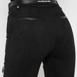 Woman Leggings Ribbed Vegan Suede Biker Leggings - Black