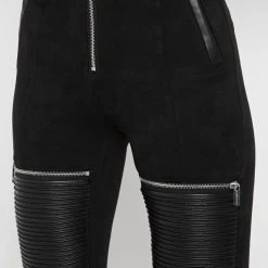 Woman Leggings Ribbed Vegan Suede Biker Leggings - Black
