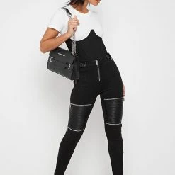 Woman Leggings Ribbed Vegan Suede Biker Leggings - Black