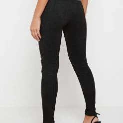 Woman Leggings Ribbed Vegan Suede Biker Leggings - Black