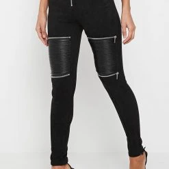 Woman Leggings Ribbed Vegan Suede Biker Leggings - Black