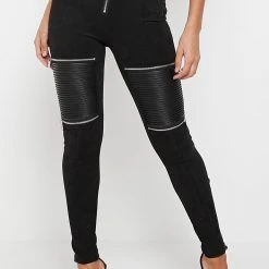 Woman Leggings Ribbed Vegan Suede Biker Leggings - Black