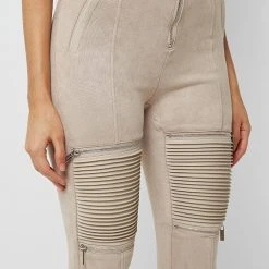 Woman Leggings Ribbed Vegan Suede Biker Leggings - Light Beige