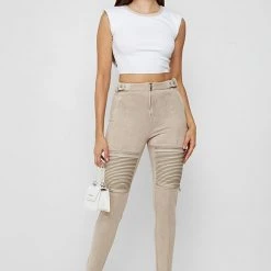 Woman Leggings Ribbed Vegan Suede Biker Leggings - Light Beige