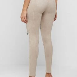 Woman Leggings Ribbed Vegan Suede Biker Leggings - Light Beige