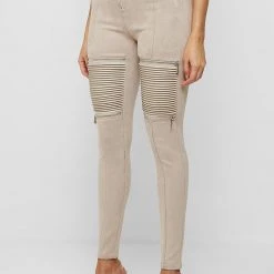 Woman Leggings Ribbed Vegan Suede Biker Leggings - Light Beige