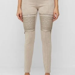 Woman Leggings Ribbed Vegan Suede Biker Leggings - Light Beige