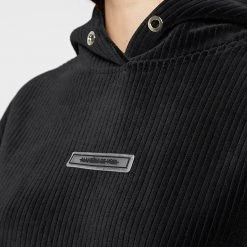 Woman Tracksuits Ribbed Velour Hoodie - Black