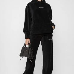 Woman Tracksuits Ribbed Velour Hoodie - Black