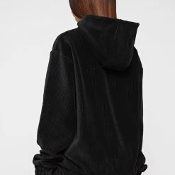 Woman Tracksuits Ribbed Velour Hoodie - Black