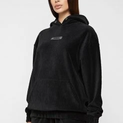 Woman Tracksuits Ribbed Velour Hoodie - Black
