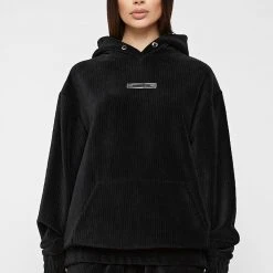Woman Tracksuits Ribbed Velour Hoodie - Black