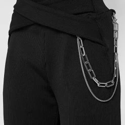 Woman Trousers Ribbed Wide Leg Trousers With Chain - Black