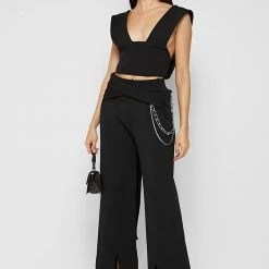 Woman Trousers Ribbed Wide Leg Trousers With Chain - Black