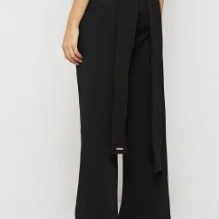 Woman Trousers Ribbed Wide Leg Trousers With Chain - Black
