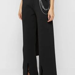 Woman Trousers Ribbed Wide Leg Trousers With Chain - Black
